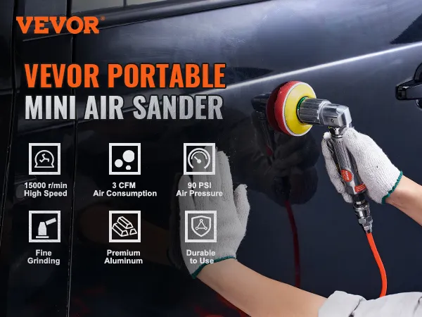 VEVOR orbital air sander in use on car door, highlighting high speed, low air consumption, and durability.