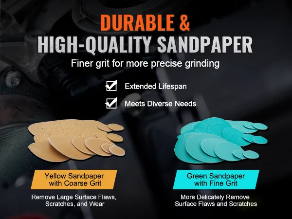 durable and high-quality VEVOR orbital air sander sandpaper in yellow coarse grit and green fine grit.