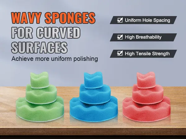 wavy sponges for curved surfaces in green, blue, and pink with benefits listed: uniform hole spacing, high breathability