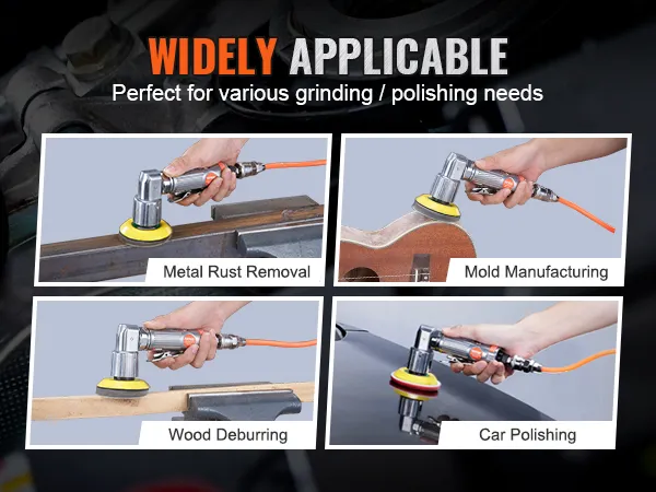 VEVOR orbital air sander used for metal rust removal, mold manufacturing, wood deburring, and car polishing.