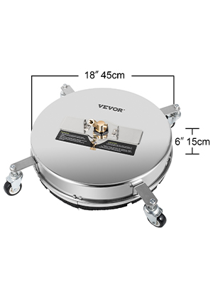 VEVOR surface cleaner, 18" diameter, 6" height, with wheels and metal build.