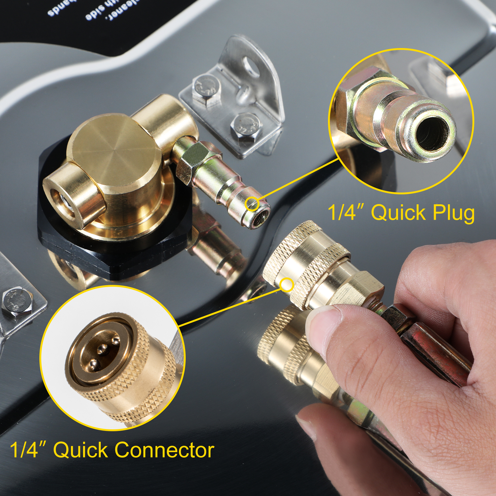 hand attaching a 1/4" quick connector to a VEVOR surface cleaner.