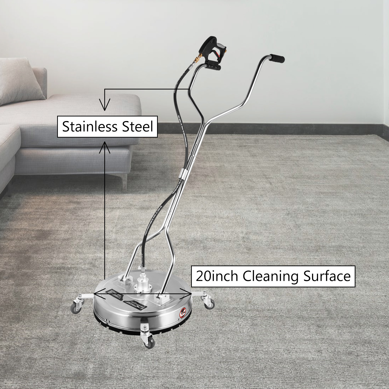 VEVOR surface cleaner with stainless steel body and 20inch cleaning surface indoors.