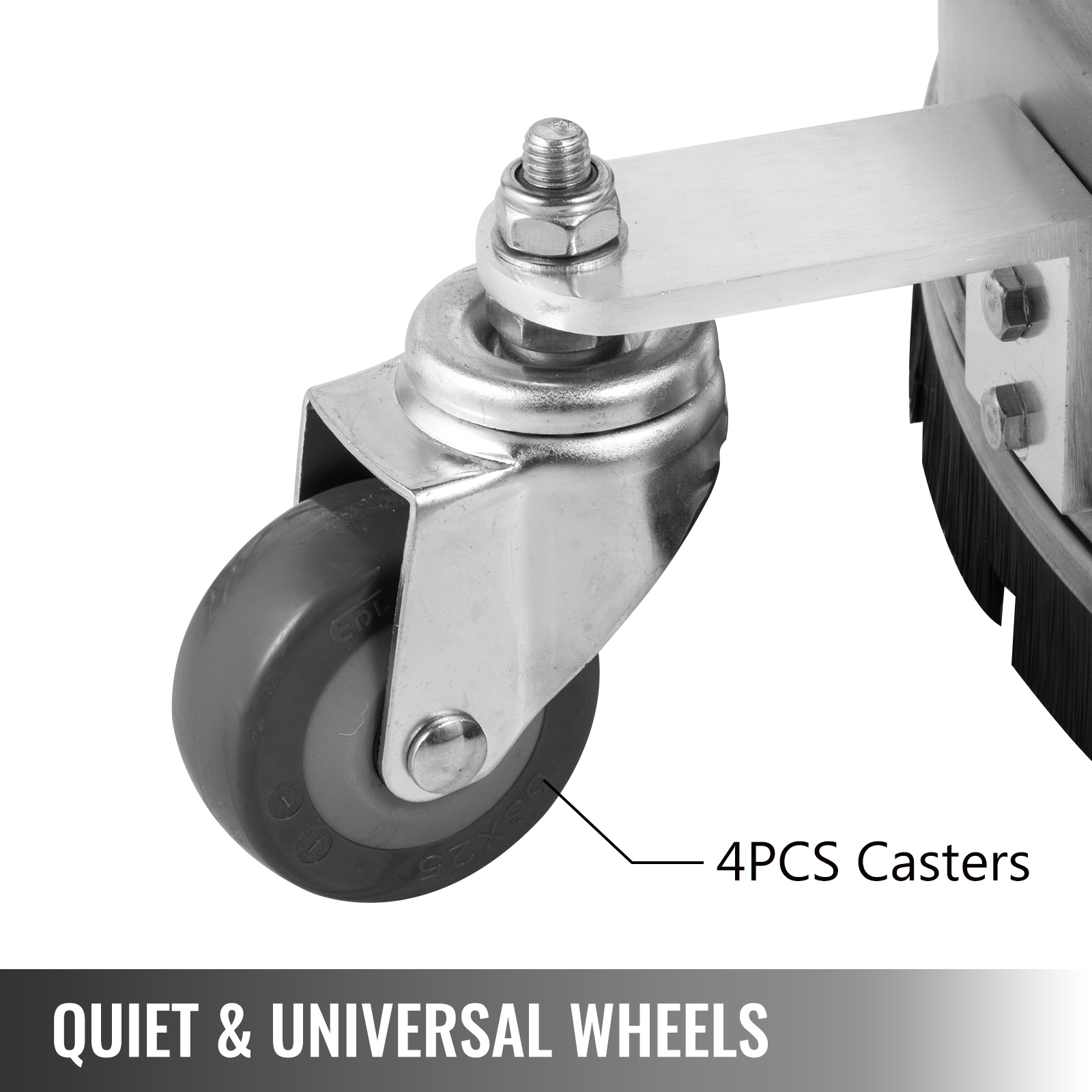 close-up of VEVOR surface cleaner caster wheel with metal bracket and screws.
