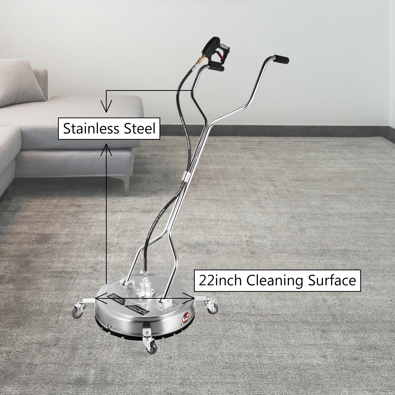 VEVOR surface cleaner 22inch with stainless steel handle on carpet.
