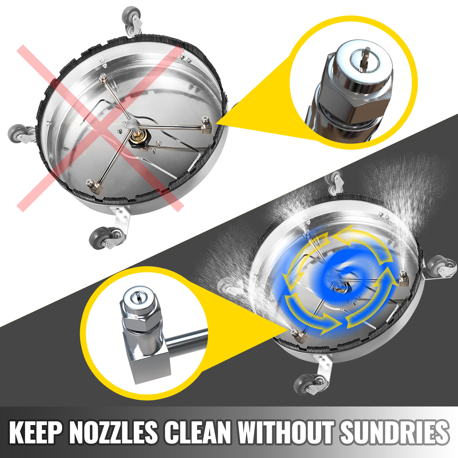 VEVOR surface cleaner 22inch showcasing clean nozzles and operational efficiency.