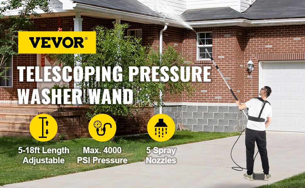 VEVOR telescoping pressure washer wand for hard-to-reach cleaning, adjustable 5-18ft.