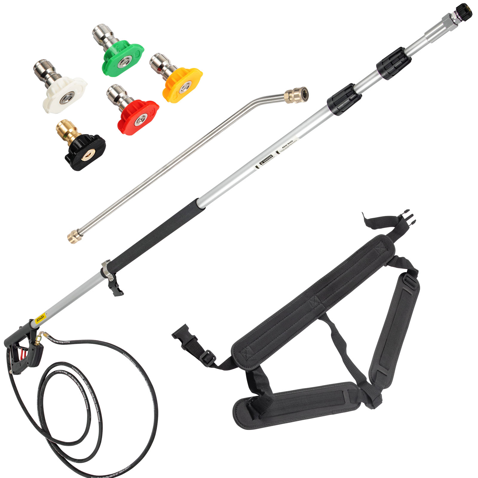 VEVOR telescoping pressure washer wand with nozzles, wand attachments, and harness.