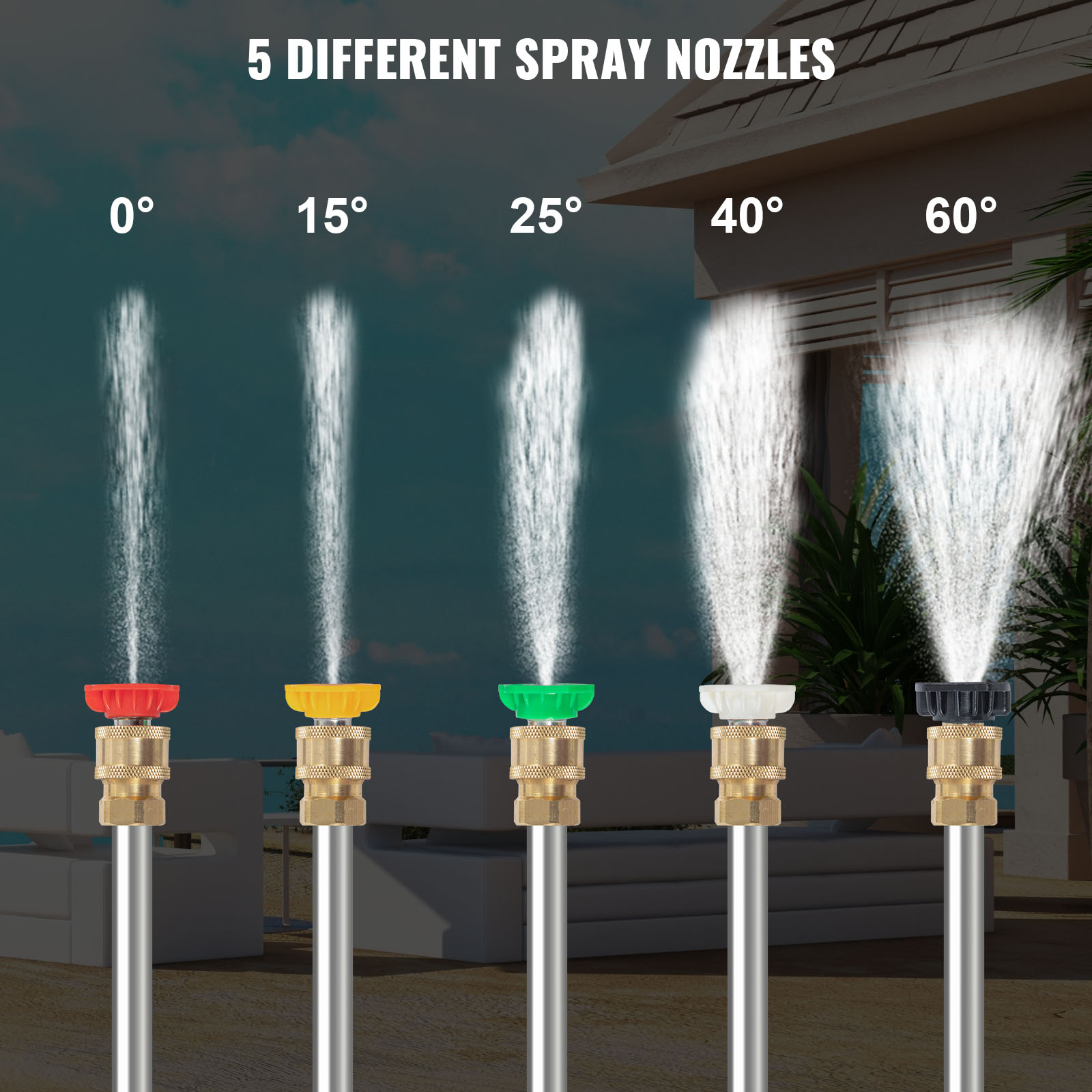 VEVOR telescoping pressure washer wand with five different spray nozzles.