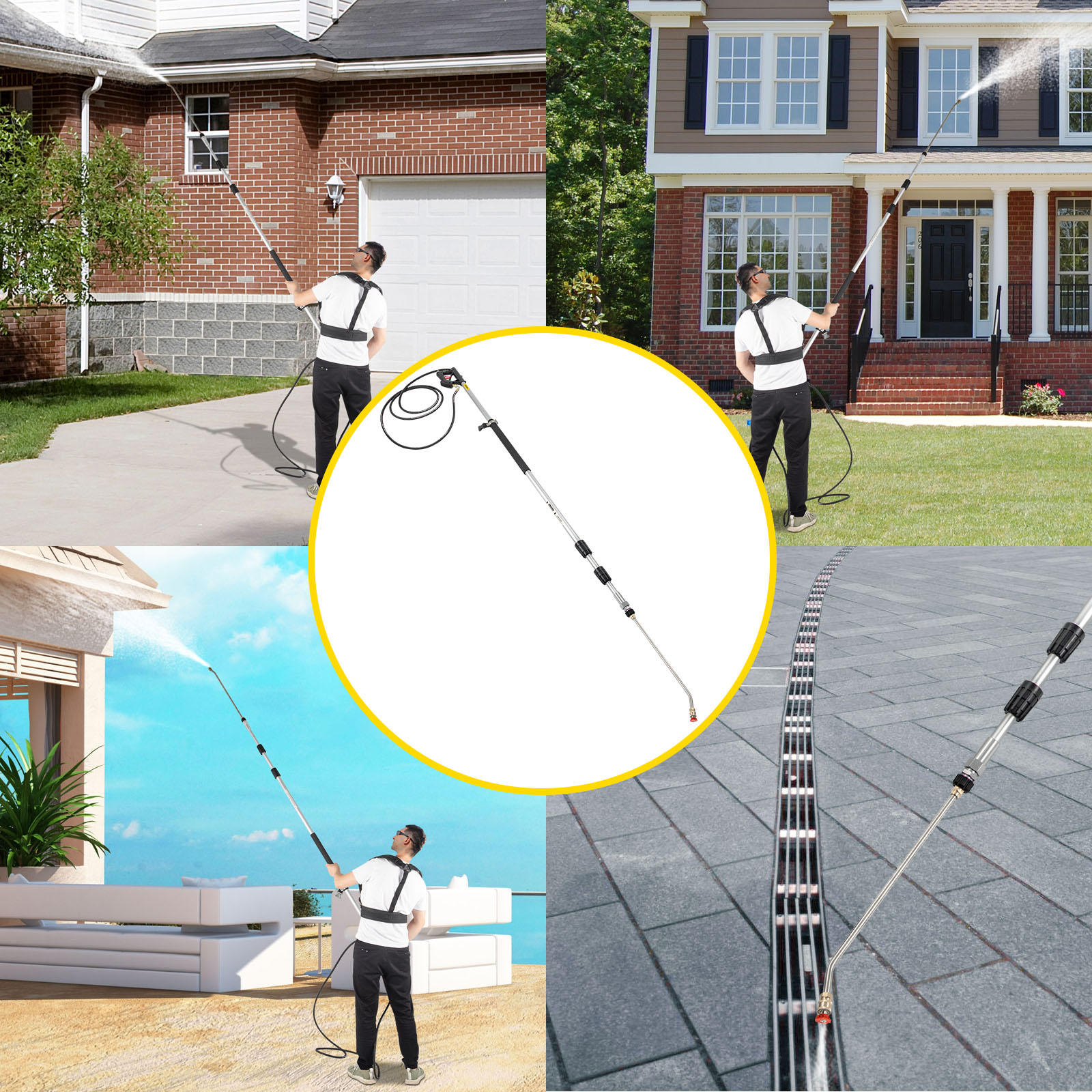 people using a VEVOR telescoping pressure washer wand to clean house exteriors and pavement.