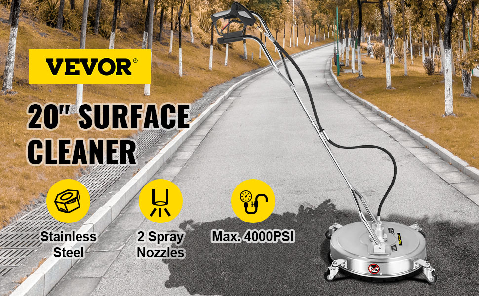 VEVOR pressure washer surface cleaner, stainless steel, max 4000psi with 2 spray nozzles on a path.
