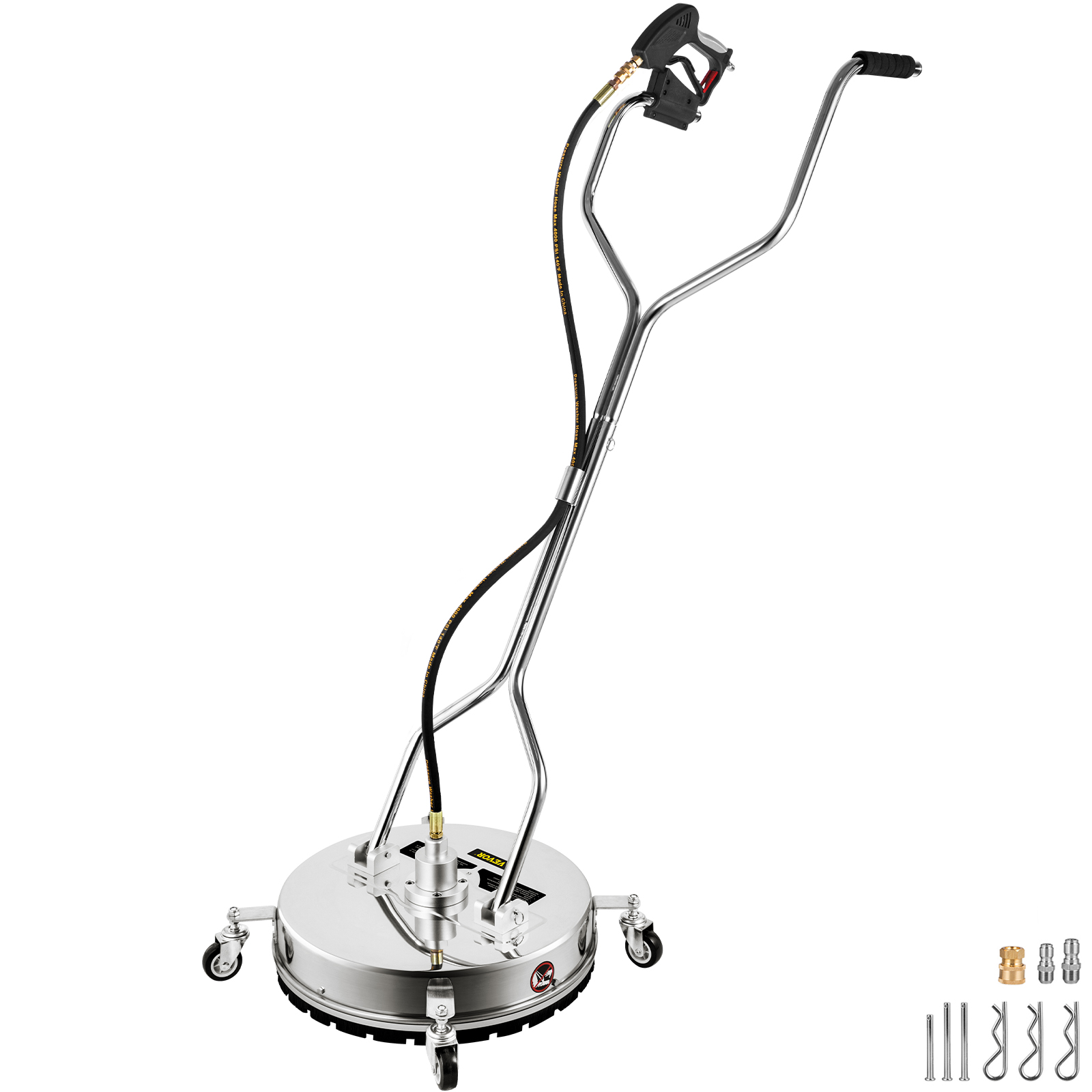 VEVOR pressure washer surface cleaner with stainless steel body, ergonomic handle, and four wheels.