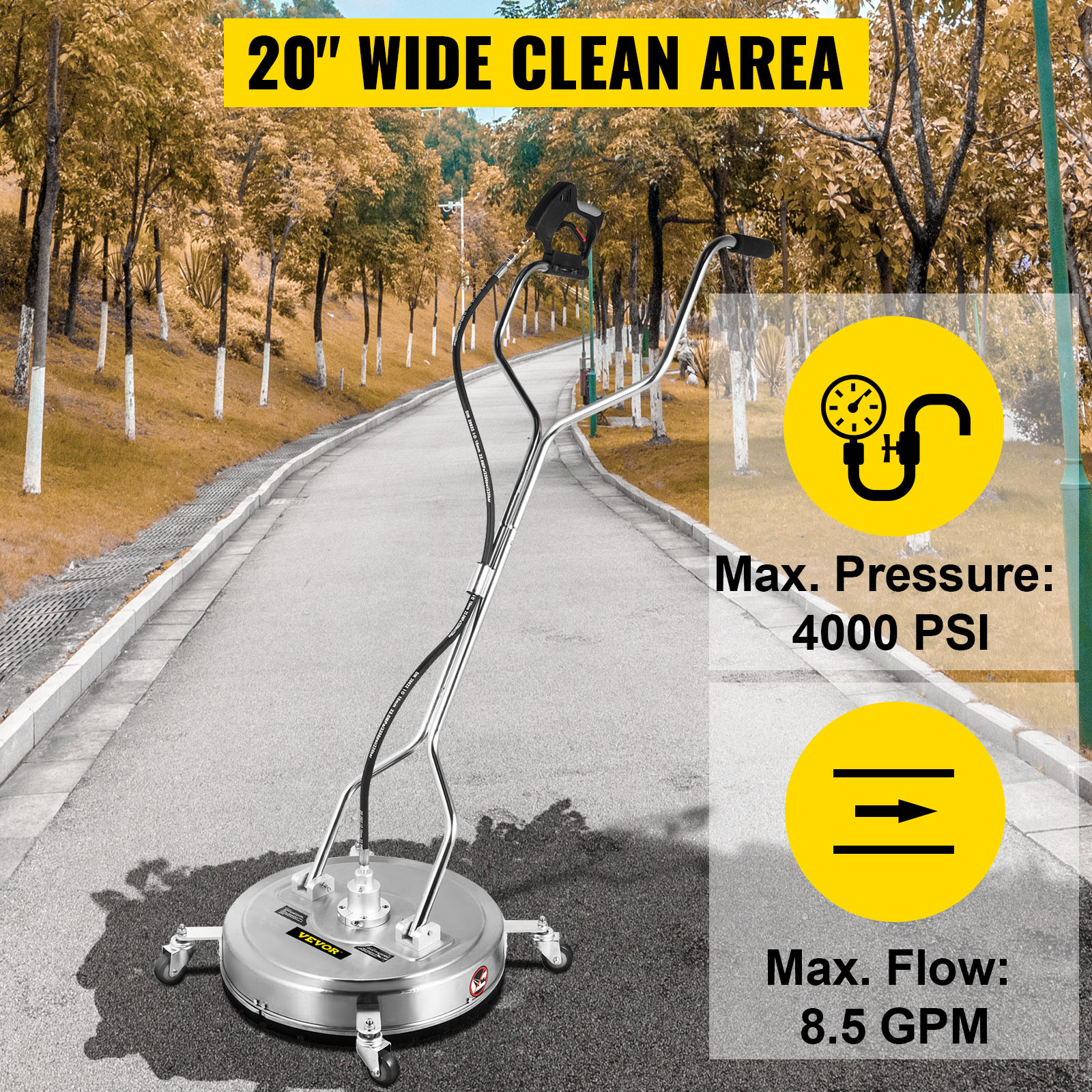 VEVOR pressure washer surface cleaner with stainless steel housing on a clean road, 20" wide area, 4000 psi.