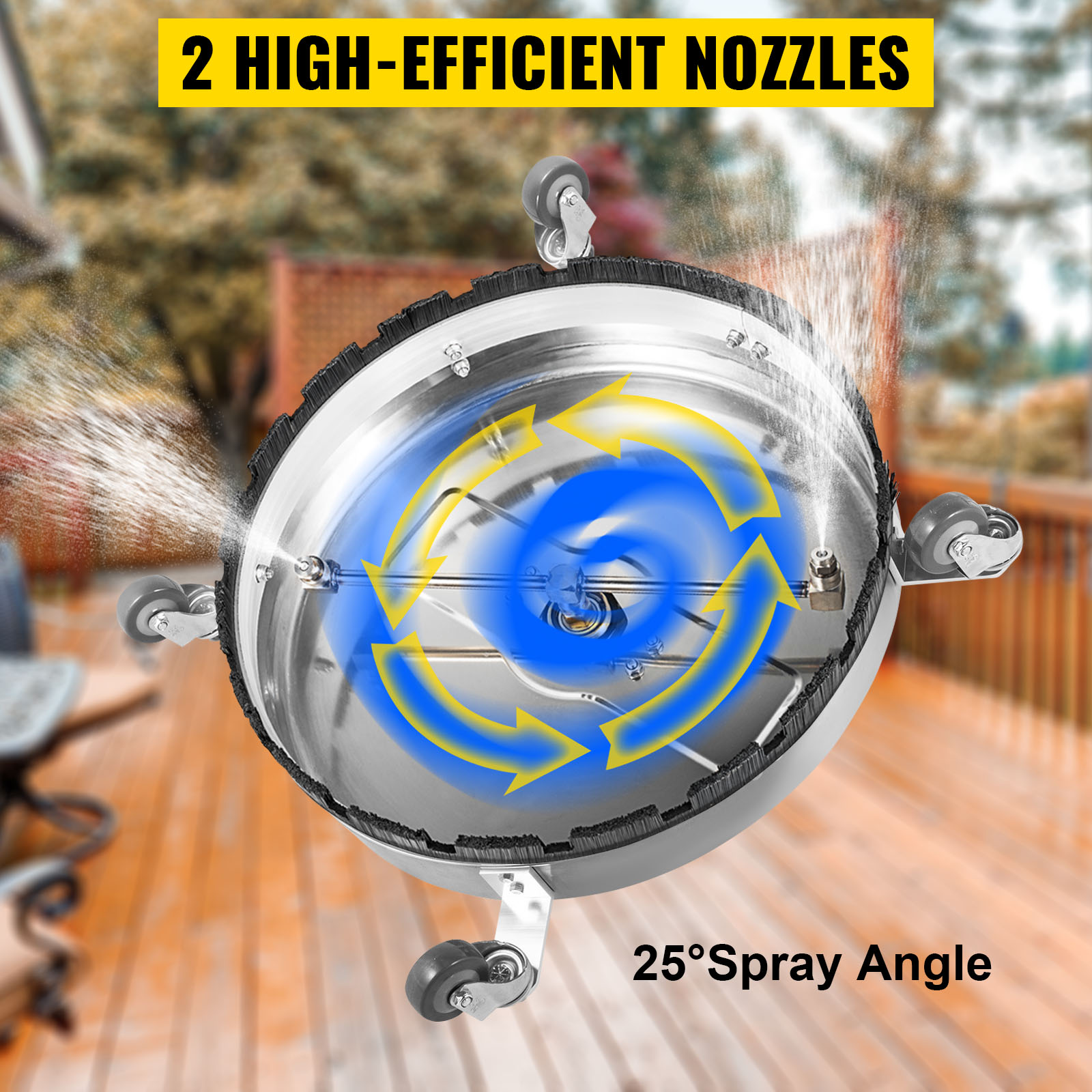 VEVOR pressure washer surface cleaner with two high-efficient nozzles on a wooden deck.