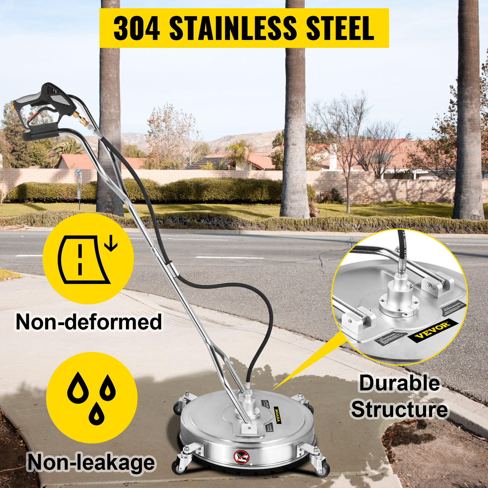 VEVOR pressure washer surface cleaner, stainless steel, durable structure, non-deformed, non-leakage.