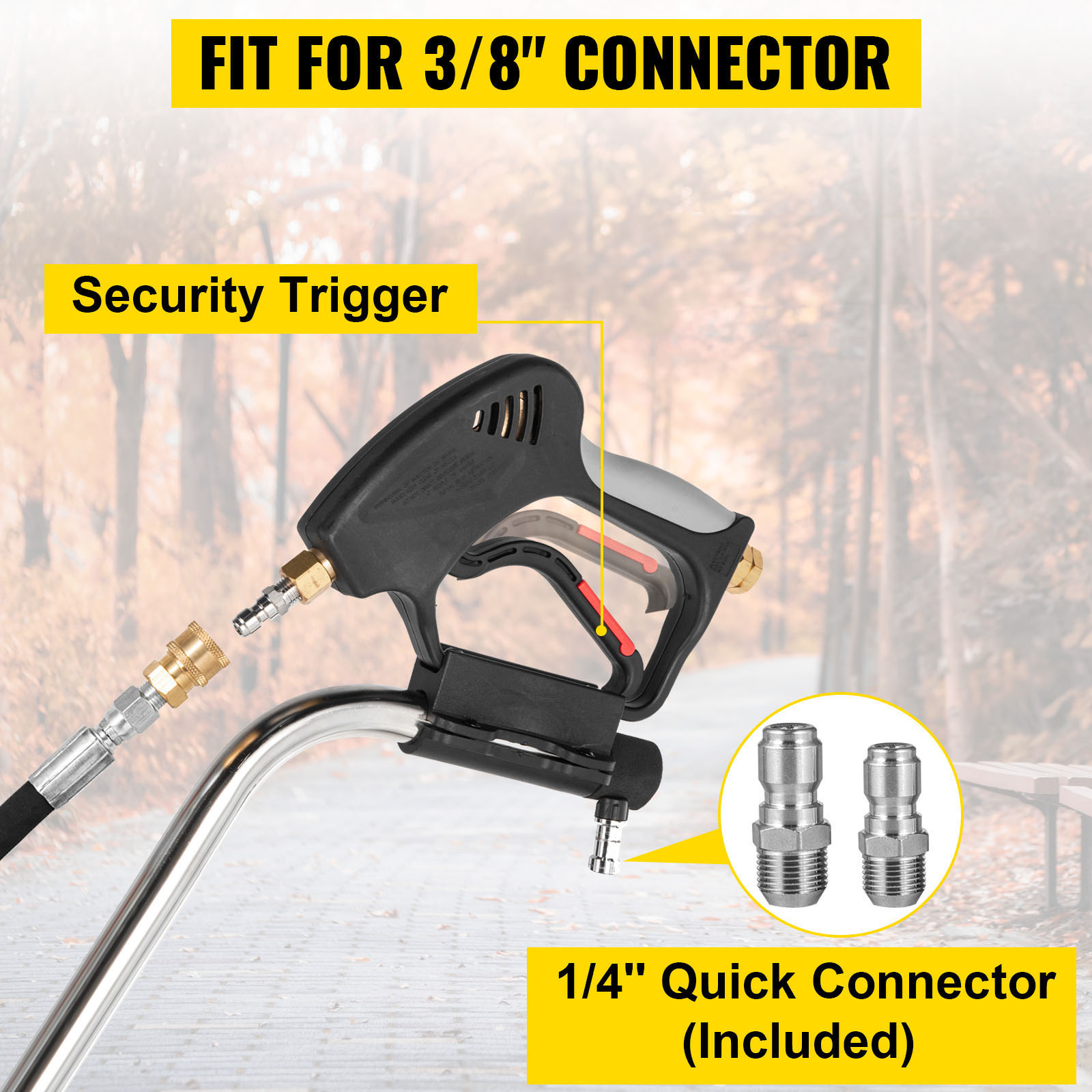 VEVOR pressure washer surface cleaner with security trigger and included 1/4" quick connectors.