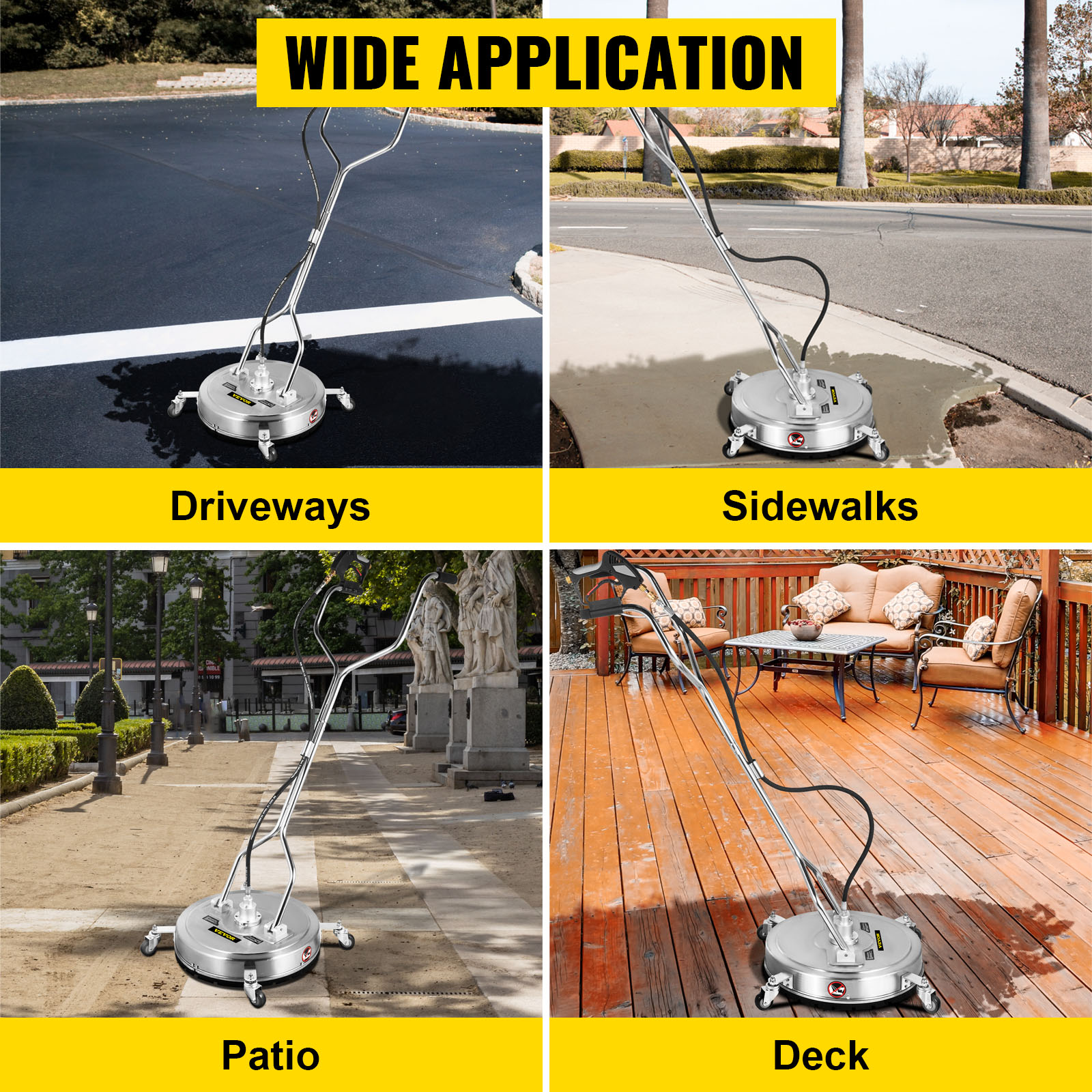 VEVOR pressure washer surface cleaner used on driveways, sidewalks, patios, and decks. wide application.