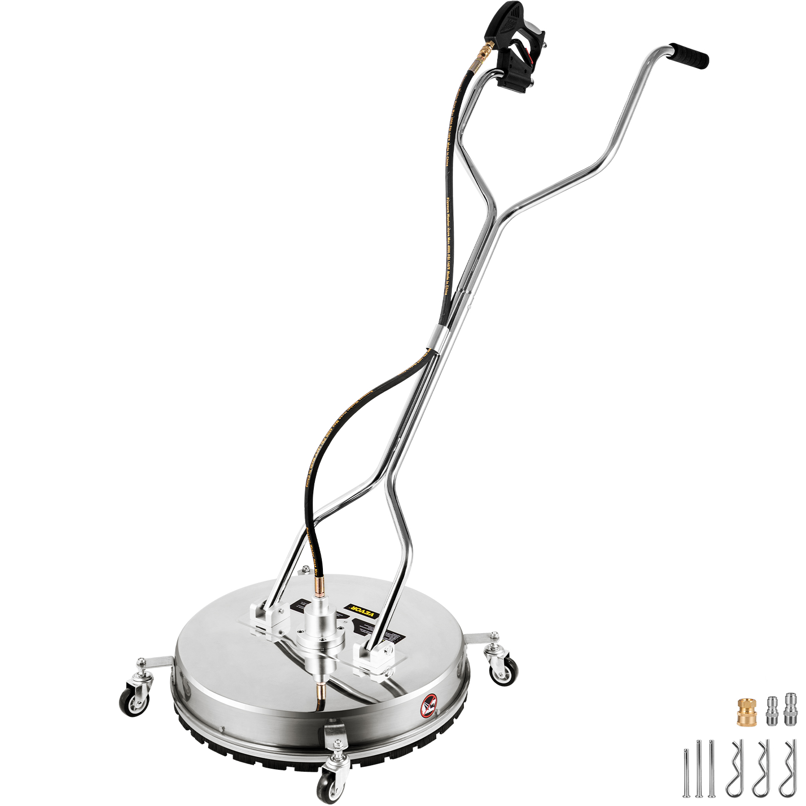 VEVOR pressure surface cleaner with stainless steel handle and wheels, includes nozzle attachments.
