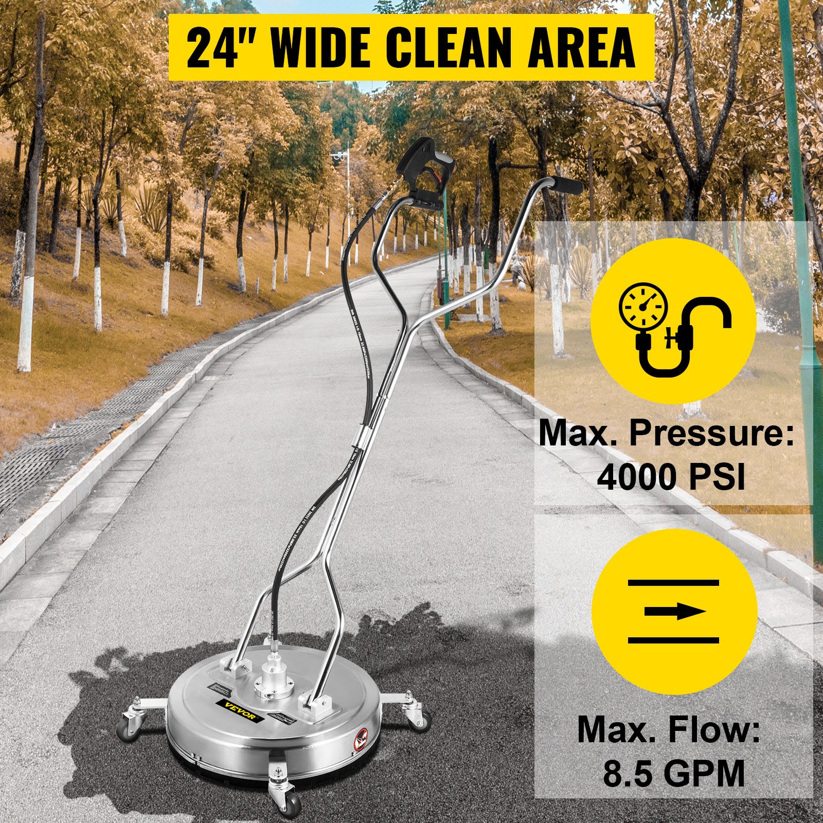 VEVOR pressure surface cleaner on a tree-lined pathway, highlighting 24" wide clean area, 4000 psi max pressure.