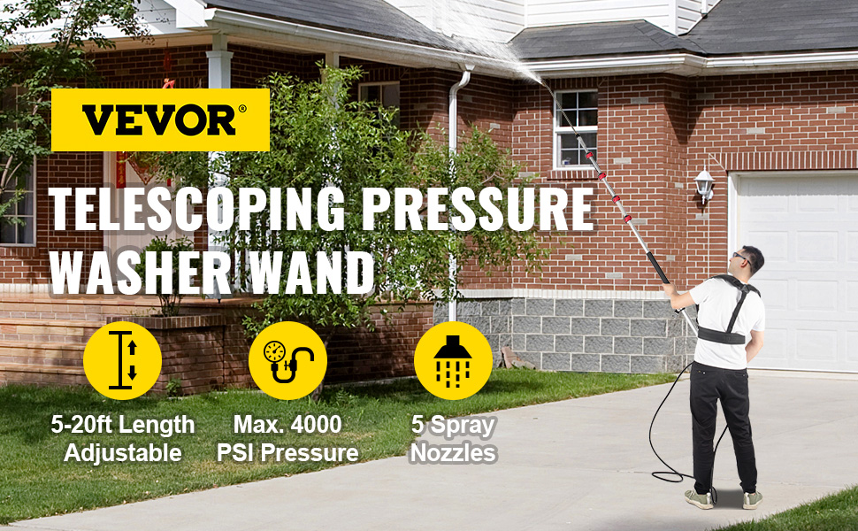 VEVOR telescoping pressure washer wand, 5-20ft adjustable, max 4000 psi, 5 spray nozzles, man cleaning house.