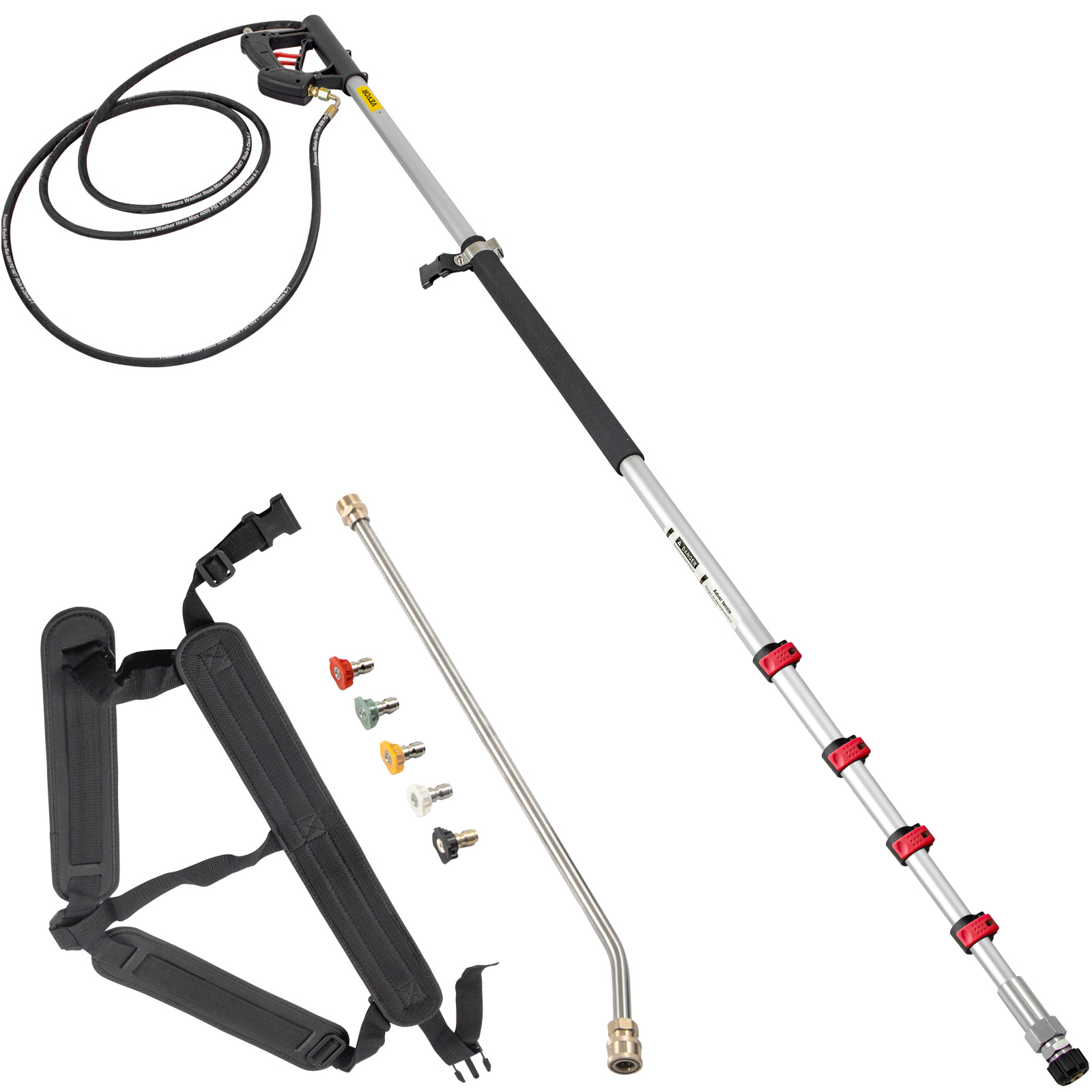 VEVOR telescoping pressure washer wand with adjustable nozzle tips, ergonomic harness, and extension wand.