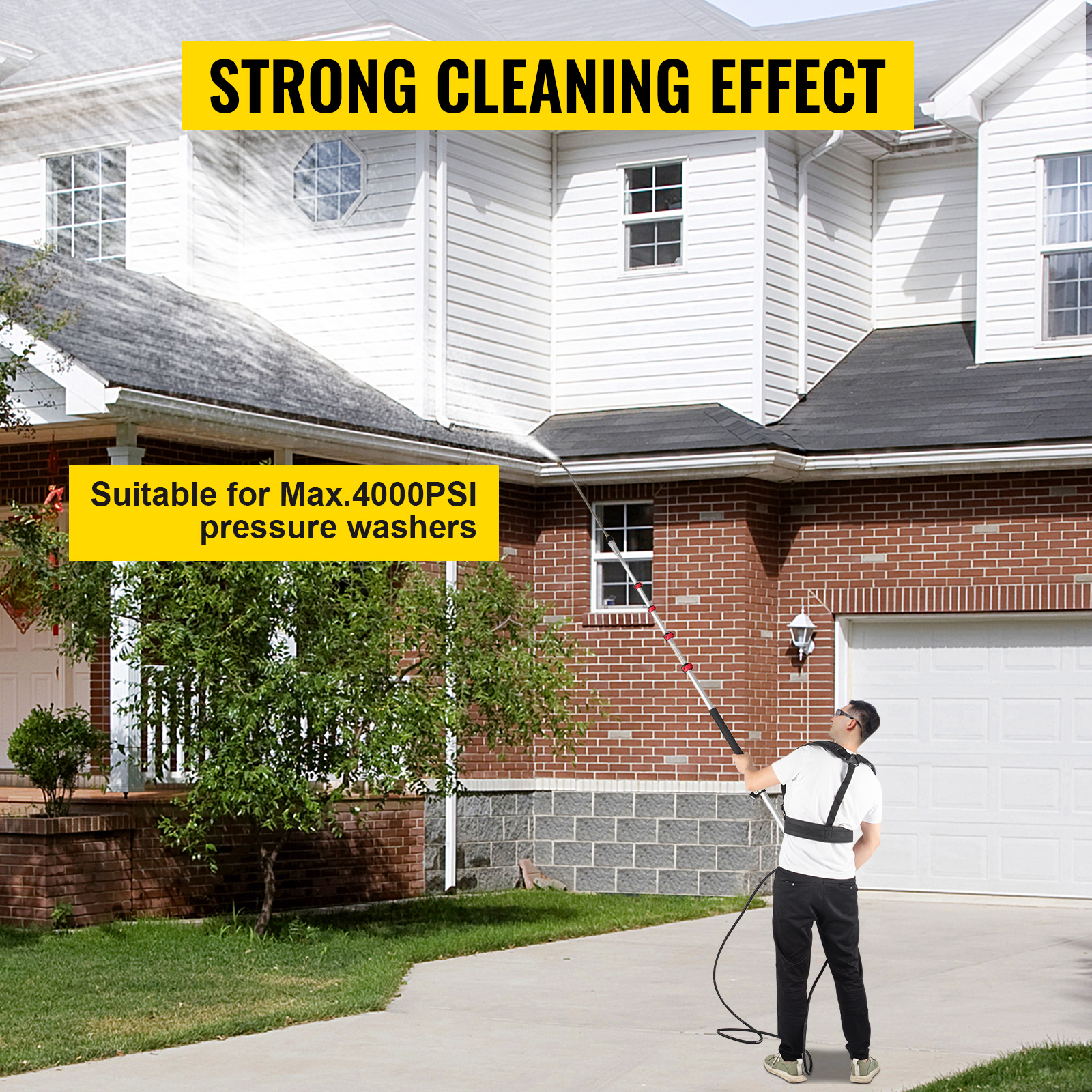 man cleaning a two-story house with VEVOR telescoping pressure washer wand, max 4000psi pressure washer.