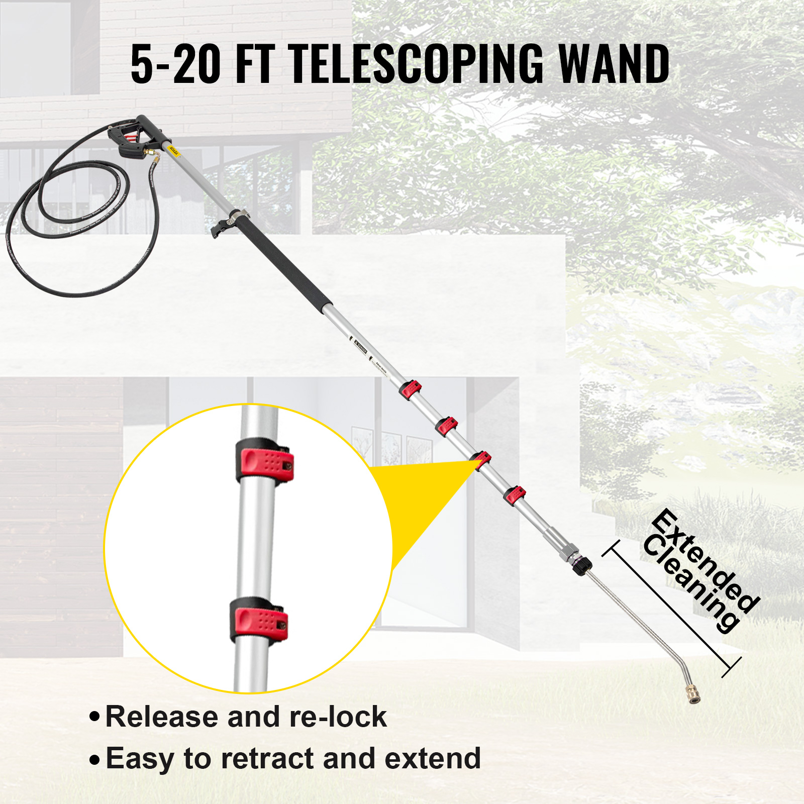 VEVOR telescoping pressure washer wand, 5-20 ft extendable with red lock clamps for easy use.