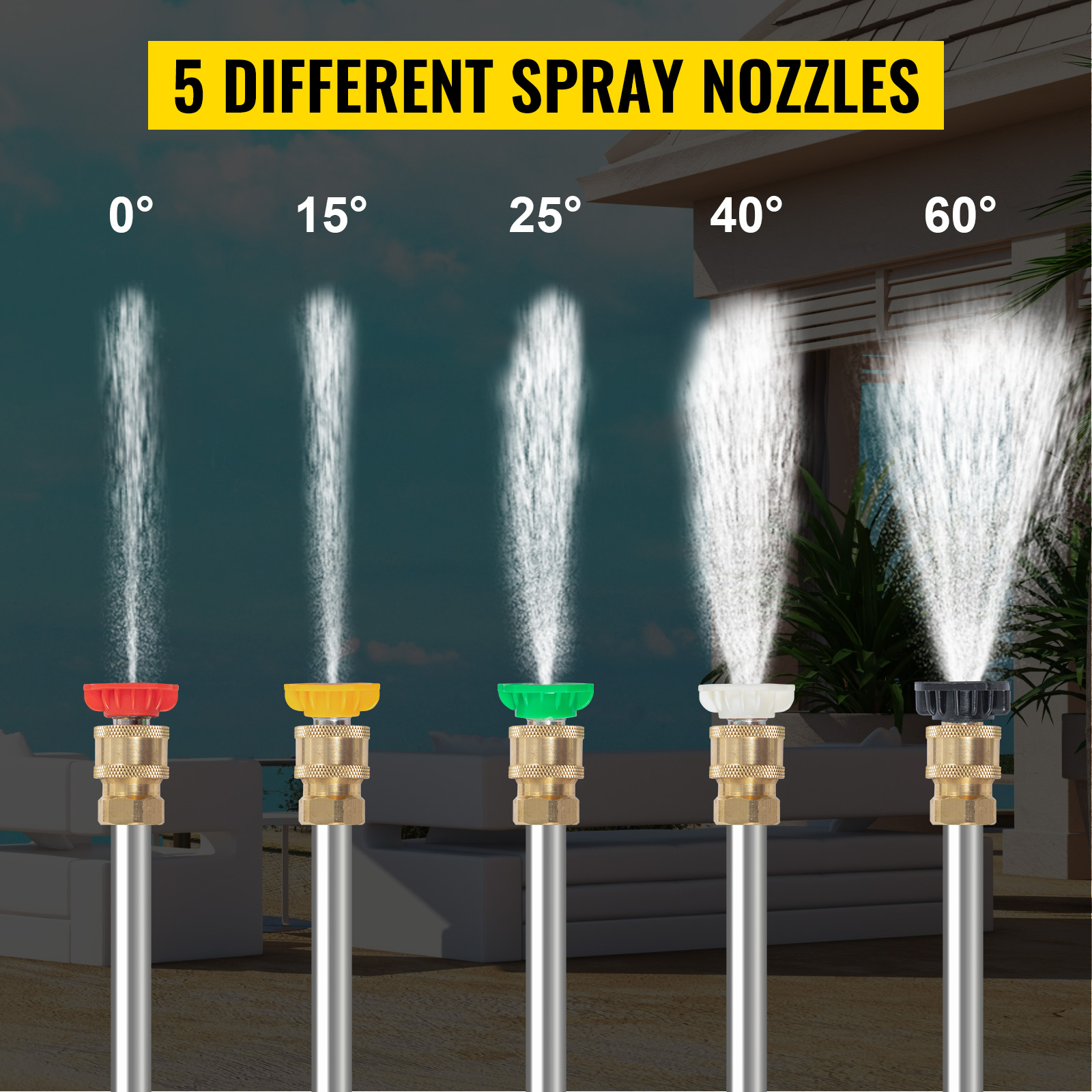 five VEVOR telescoping pressure washer wand spray nozzles at 0°, 15°, 25°, 40°, and 60° angles.