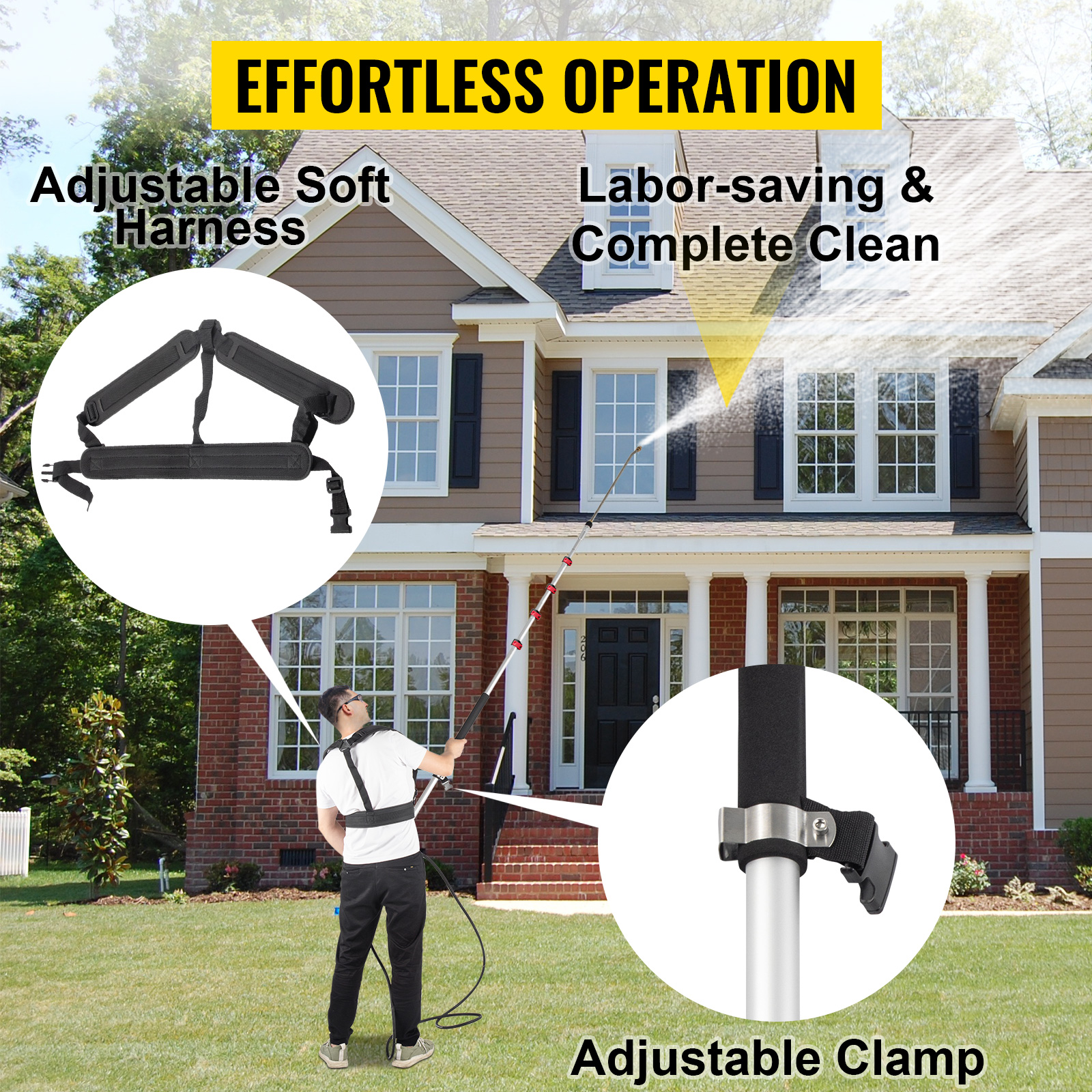 man using VEVOR telescoping pressure washer wand for cleaning a house with adjustable harness and clamp.