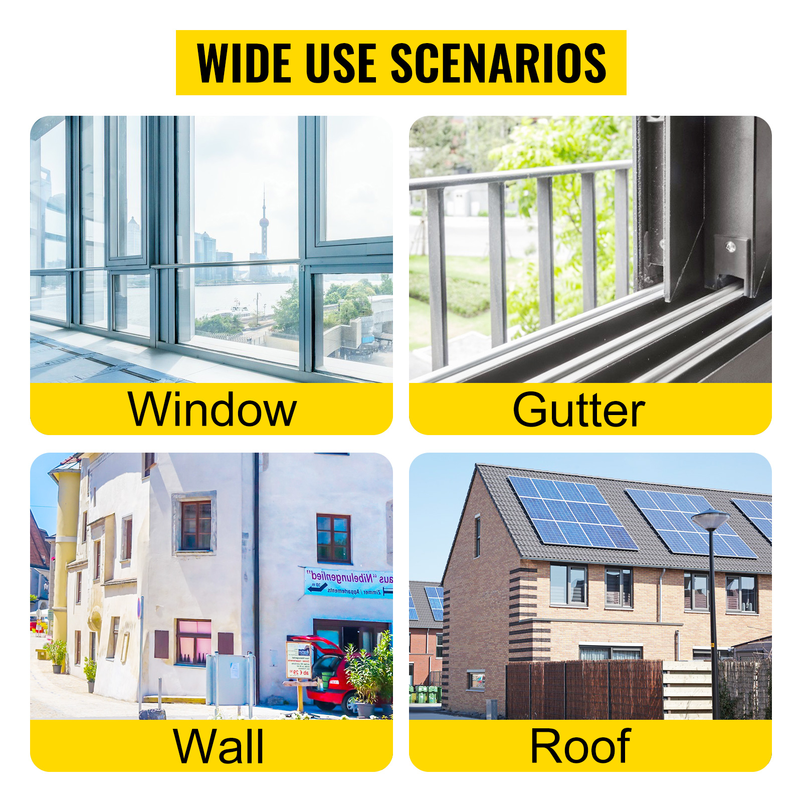 wide usage scenarios of VEVOR telescoping pressure washer wand for windows, gutters, walls, and roofs.