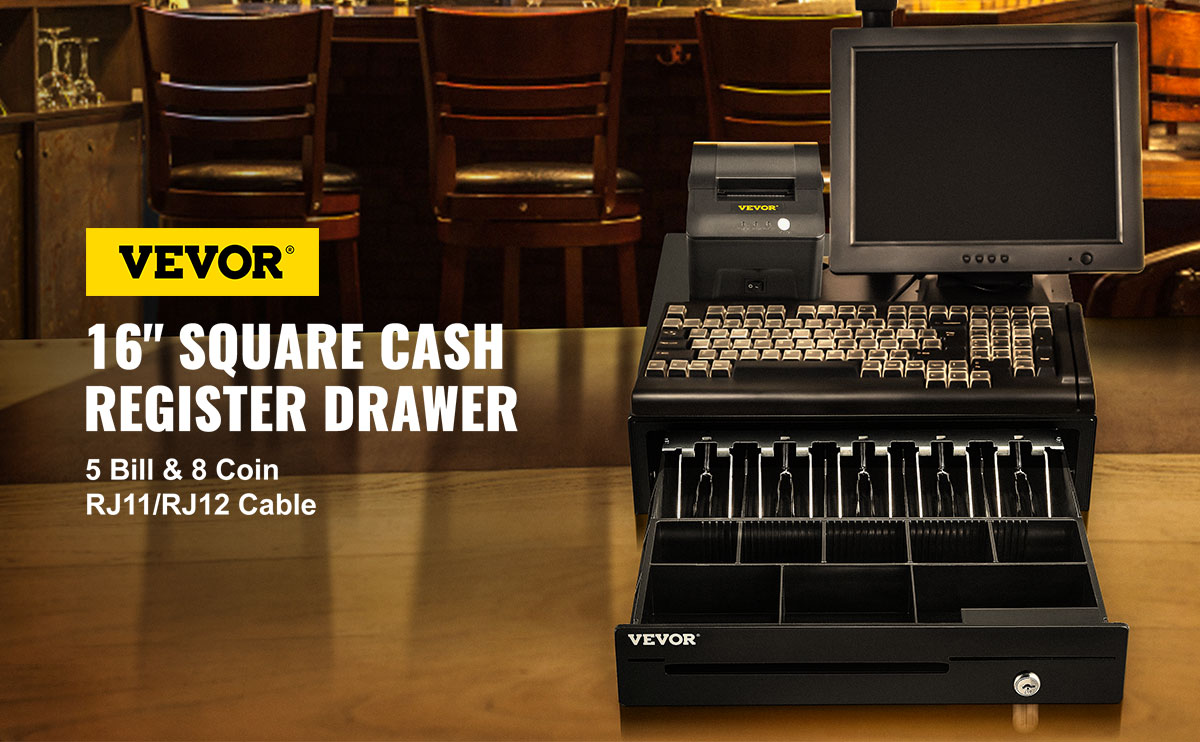 VEVOR cash register drawer, 16" square, black with 5 bill, 8 coin slots, and rj11/rj12 cable setup.