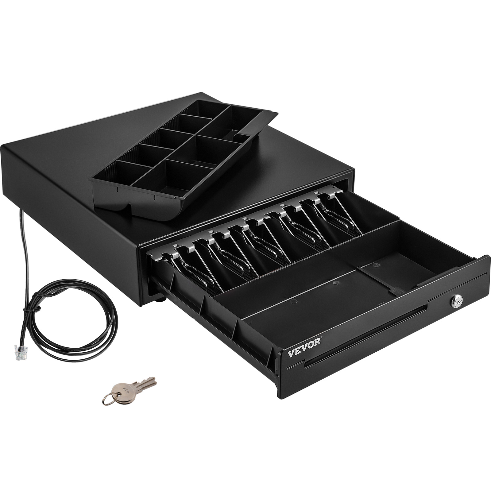 VEVOR cash register drawer with compartments, cable, keys, and removable tray.