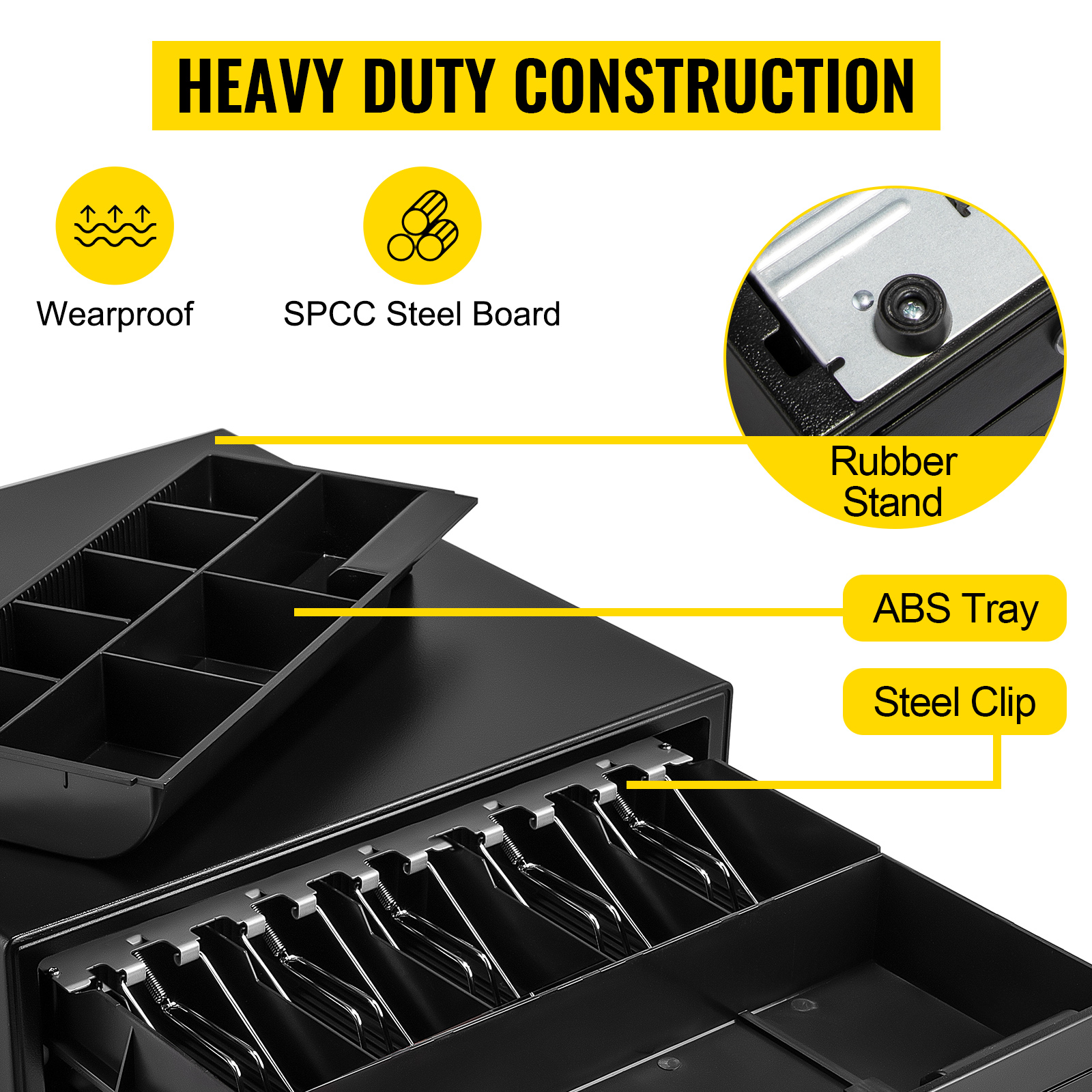 VEVOR cash register drawer with abs tray, steel clip, rubber stand, spcc steel board, and wearproof design.