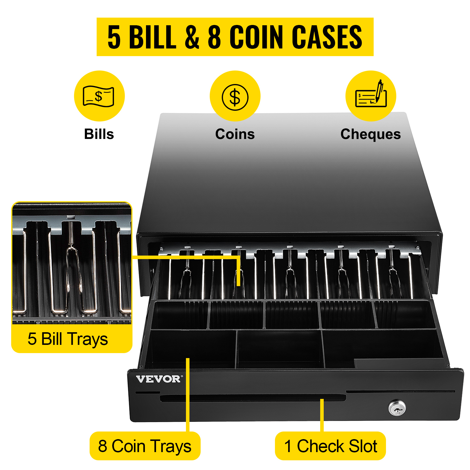 VEVOR cash register drawer with 5 bill trays, 8 coin trays, and a check slot. text icons for bills, coins, cheques.