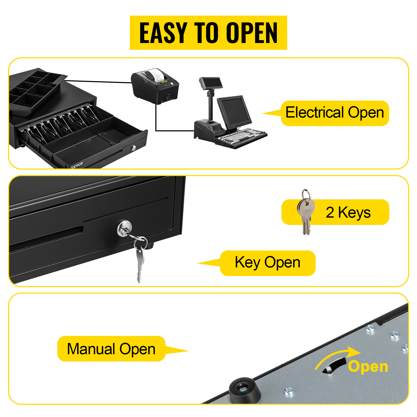 VEVOR cash register drawer with electrical, key, and manual open options. includes 2 keys. easy to open.