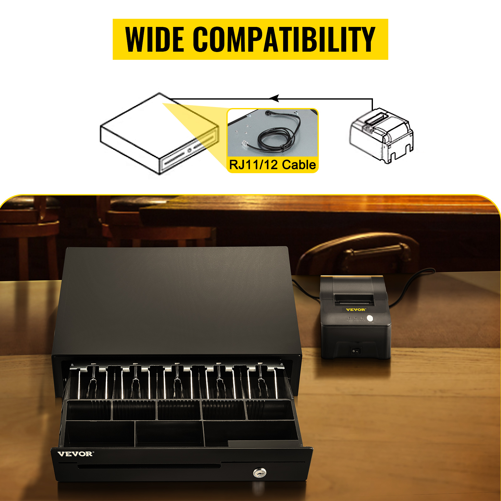 VEVOR cash register drawer with rj11/12 cable, compatible with receipt printer for seamless transactions.