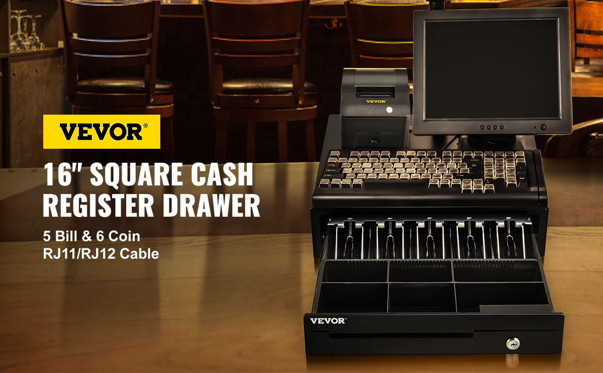 VEVOR cash register drawer with 16" square design, 5 bill & 6 coin slots, and rj11/rj12 cable.