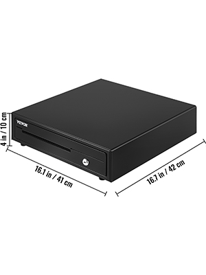 black VEVOR cash register drawer, 16.1 inches by 16.1 inches by 4 inches, lockable front drawer.