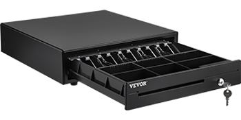 VEVOR cash register drawer with open compartments, coin slots, and lockable front.