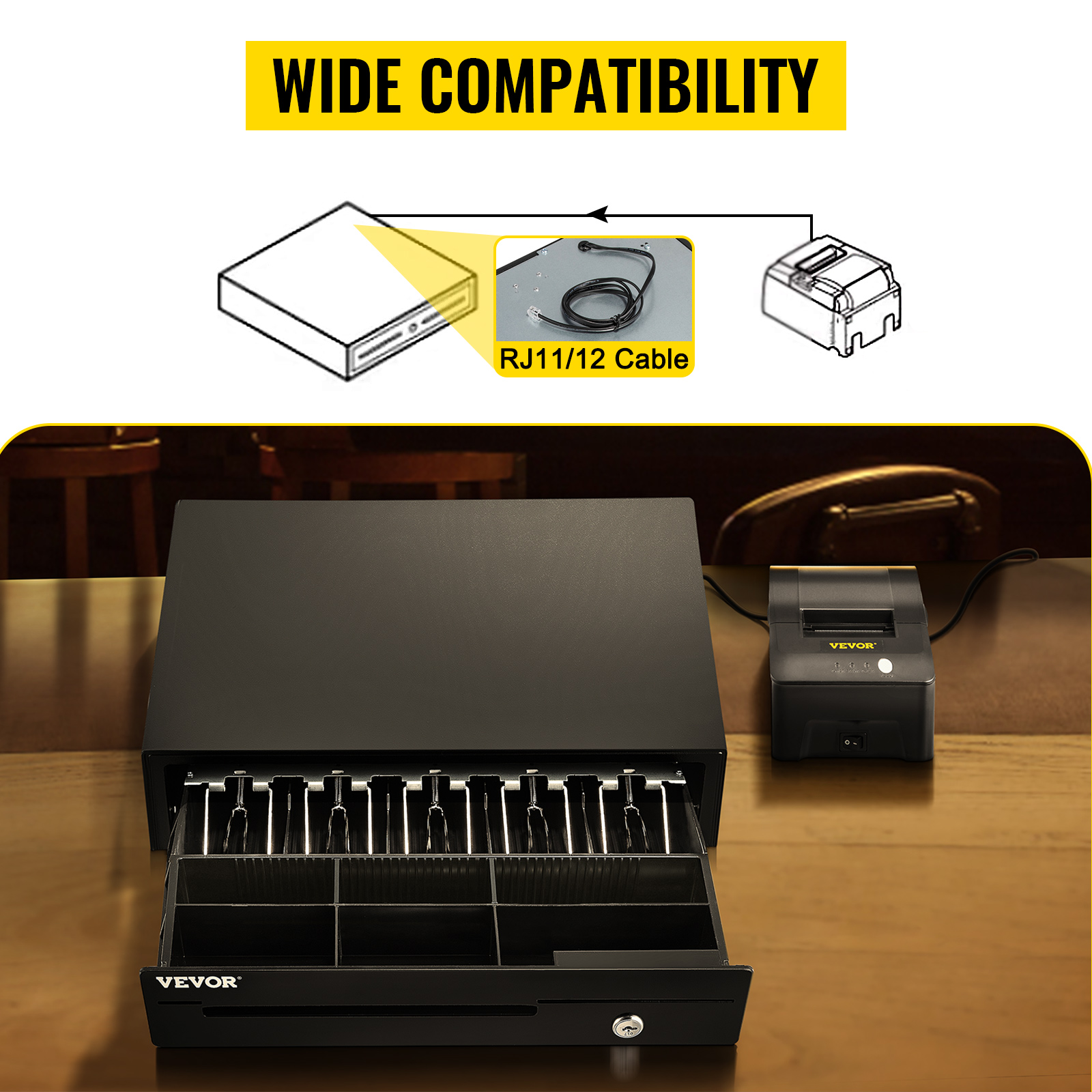 VEVOR cash register drawer with wide compatibility, rj11/12 cable, and secure compartments.