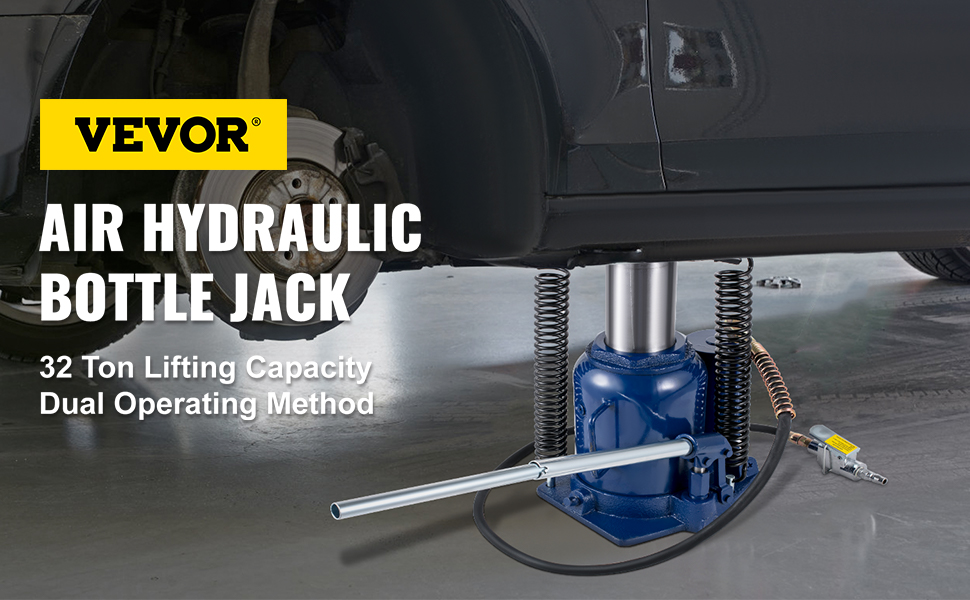 VEVOR hydraulic bottle jack lifting a car with 32 ton capacity displayed.