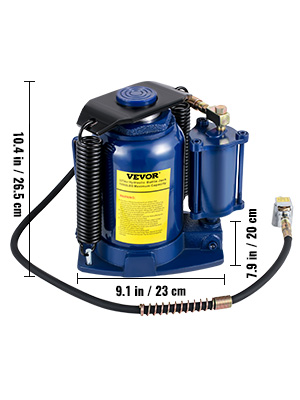 VEVOR hydraulic bottle jack, blue, with dimensions labeled 10.4 in x 9.1 in x 7.9 in.