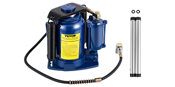 blue VEVOR hydraulic bottle jack with hose and handle, and additional components.