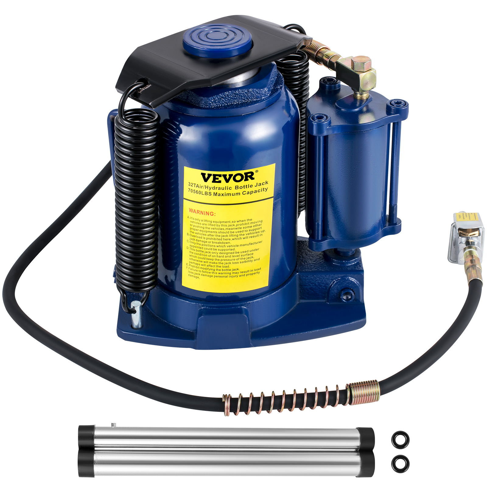 VEVOR hydraulic bottle jack with accessories and black hose on a white background.