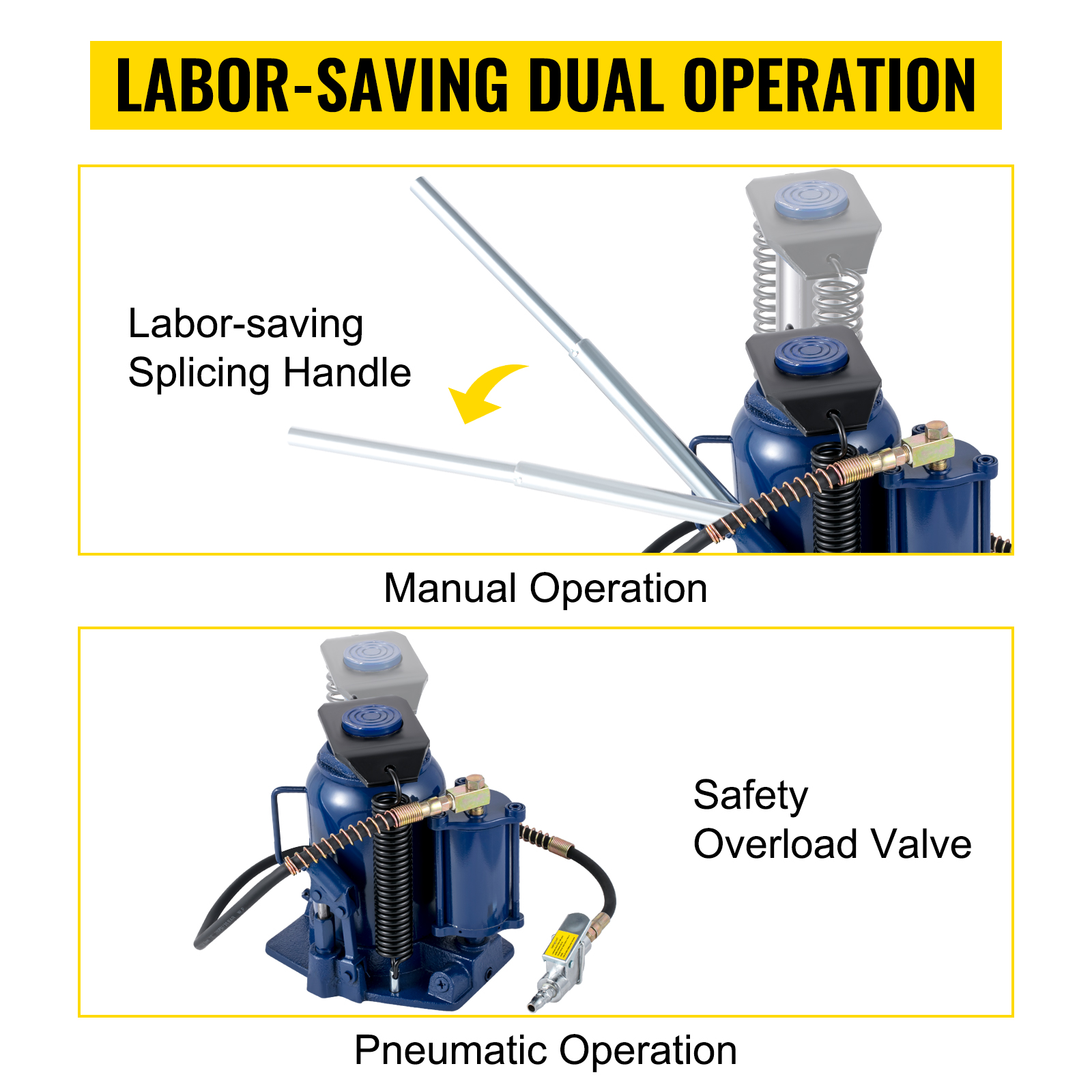 VEVOR hydraulic bottle jack with manual and pneumatic operation, safety overload valve.
