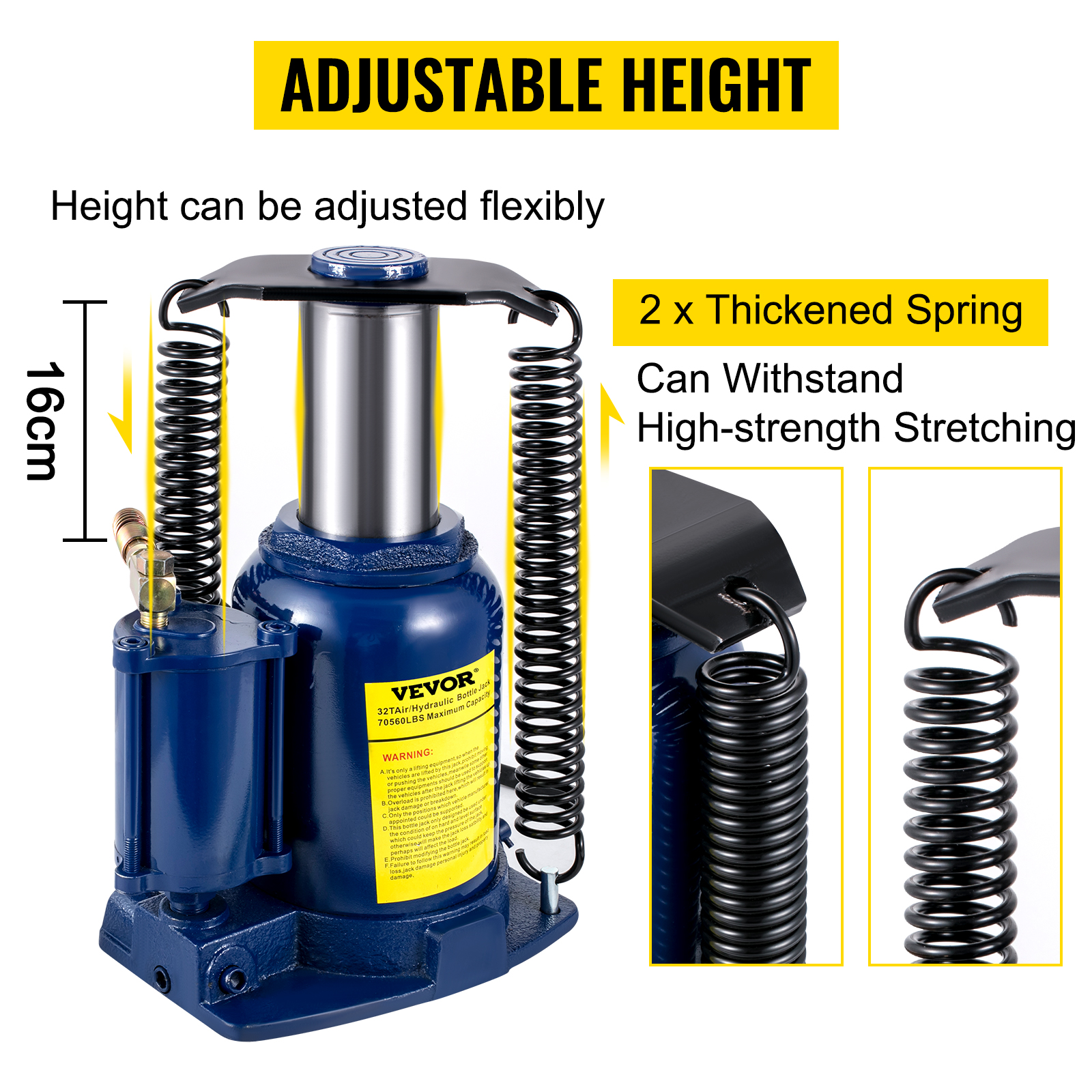 VEVOR hydraulic bottle jack with adjustable height and thickened spring, 16cm max lift.