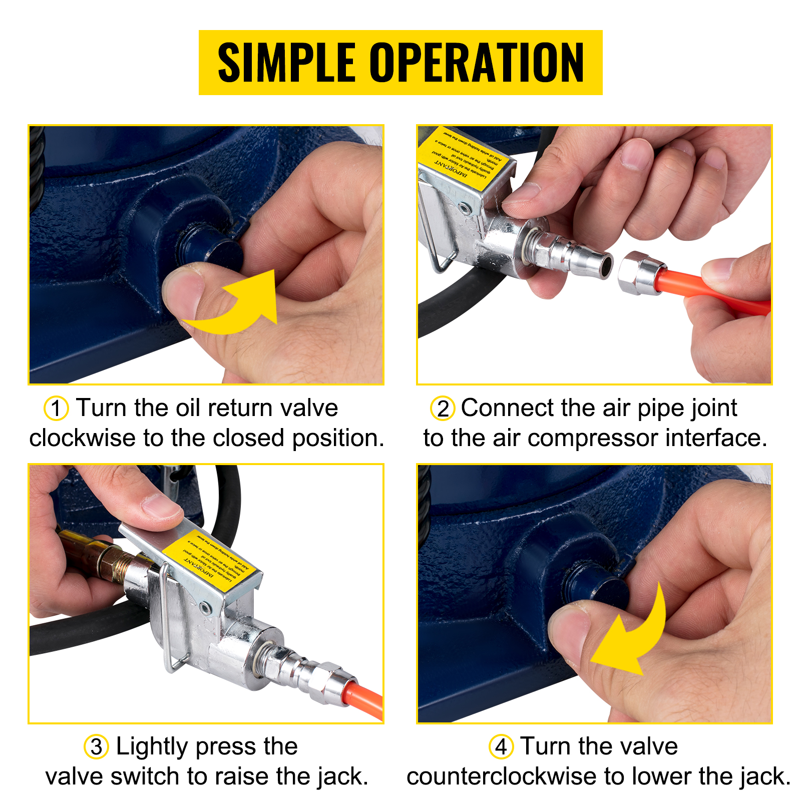 VEVOR hydraulic bottle jack operation guide showing valve and air pipe connection steps.