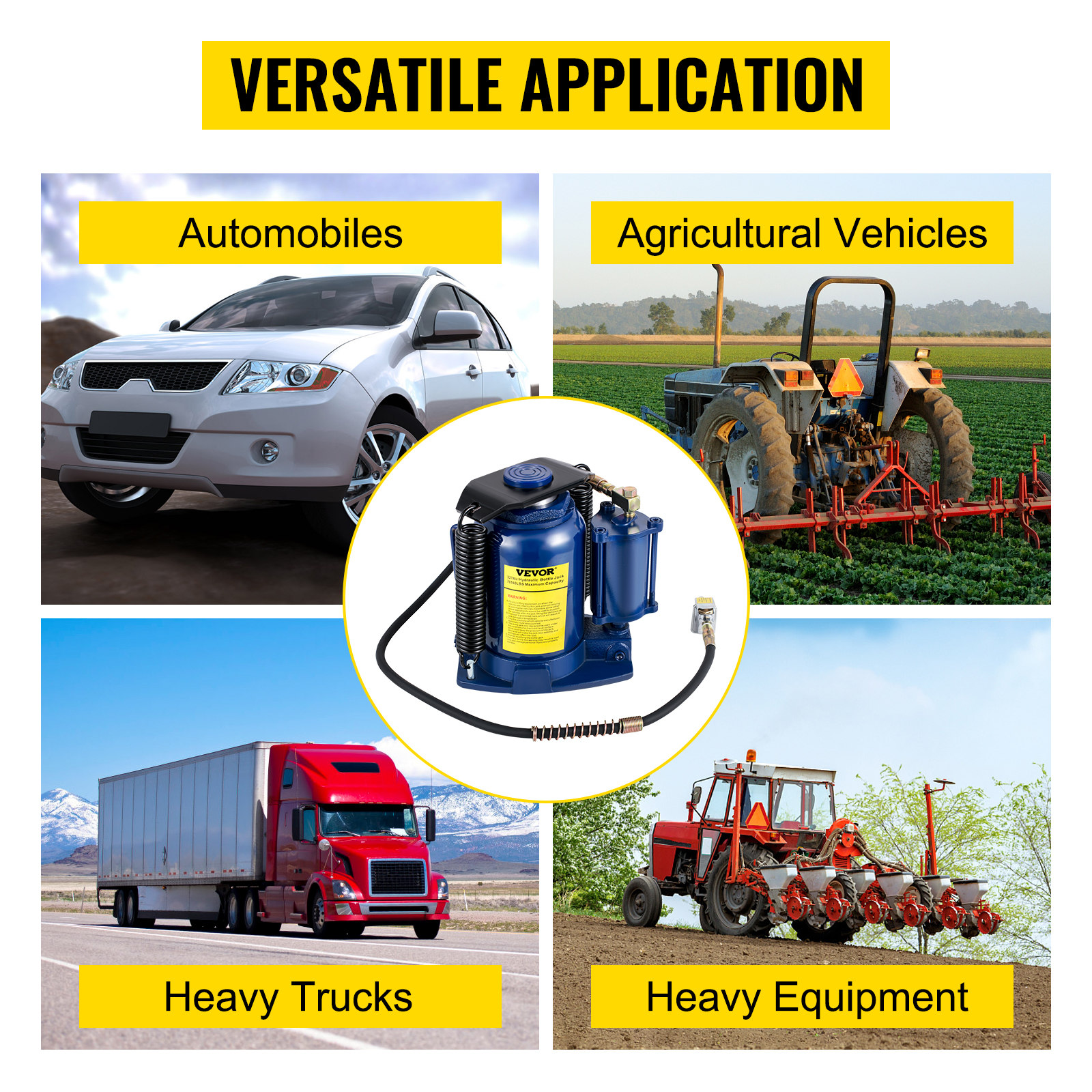 VEVOR hydraulic bottle jack for automobiles, agricultural vehicles, heavy trucks, and equipment.
