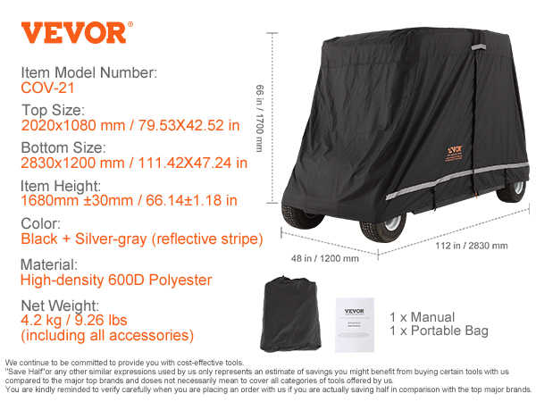 VEVOR golf cart cover, black with reflective stripe, 600d polyester, includes manual and portable bag.