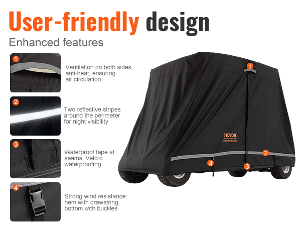 VEVOR golf cart cover with ventilation, reflective stripes, waterproof seams, and strong wind resistance.